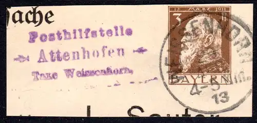 Bayern 1913, Posthilfstelle ATTENHOFEN Taxe Weissenhorn auf Ganzsachenausschnitt