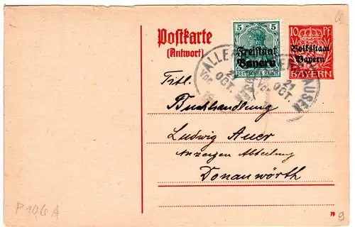 Bayern 1919, 5 Pf. auf 10 Pf. Antwort Ganzsache v. Tünzhausen m. K1 ALLERSHAUSEN