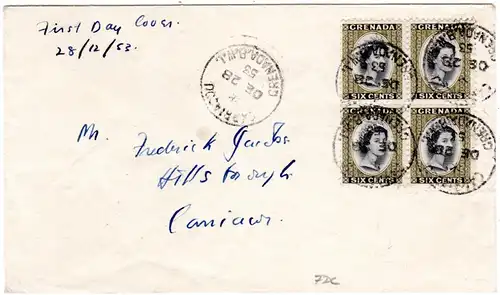 Grenada 1953, 4er-Block 6 C. auf FDC m. Stpl. CARRIACOU