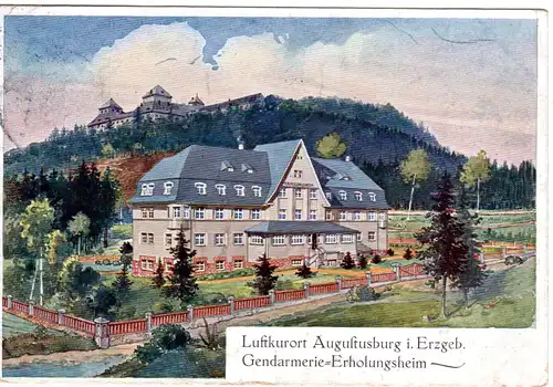 Augustusburg, Gendarmerie Erholungsheim, 1913 m. Bahnpost gebr. Farb-AK