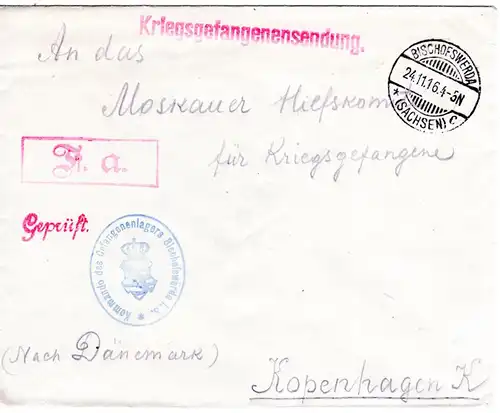 DR 1916, KGF POW Zensur Brief v. Bischofswerda Sachsen n. Dänemark. 