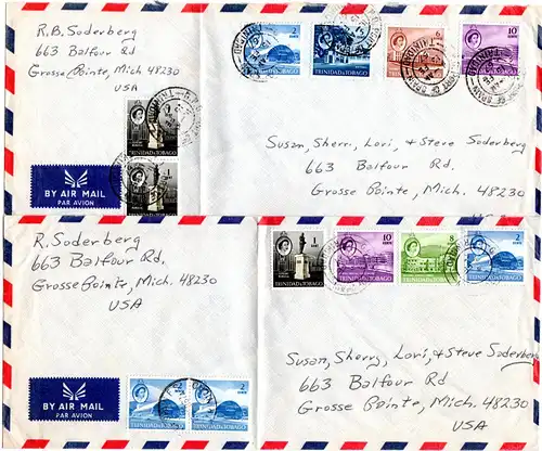 Trinidad & Tobago 1967, 12 Marken auf 2 Luftpost Briefen n. USA
