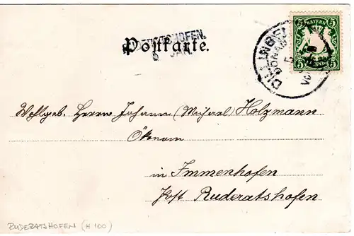 Bayern 1901, L2-Aushilfstempel RUDERATSHOFEN, Ank.Stpl. auf AK v. Dillingen