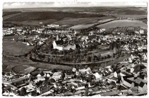 Donauwörth, Luftbild-AK m. Bahnhofsgegend u. unbebautem Schellenberg/Parkstadt