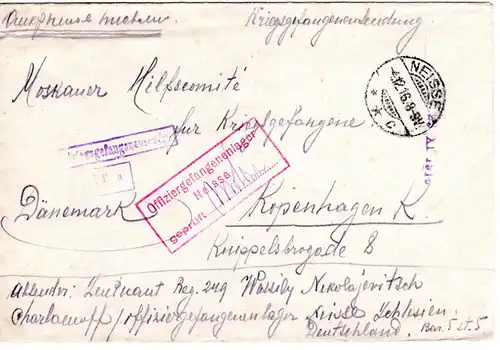 DR 1916, KGF POW Zensur Brief v. Neisse Sachsen n. Dänemark. 