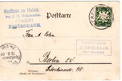 Bayern 1901, Posthilfstelle EINÖDSBACH Taxe Oberstdorf auf AK m. 5 Pf.