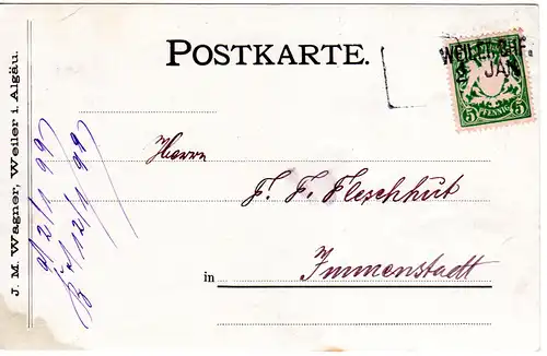Bayern 1899, L2- Aushilfstempel WEILER BHF.  auf Karte m. 5 Pf.
