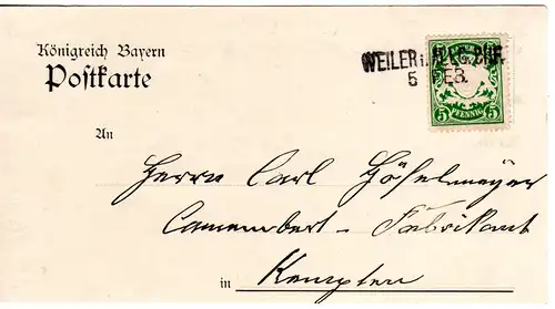 Bayern, L2- Aushilfstempel WEILER i. ALLG. BHF. auf Kartenteil m. 5 Pf.