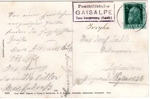 Bayern 1914, Posthilfstelle GAISALPE Taxe Langenwang auf Karte m. 5 Pf.