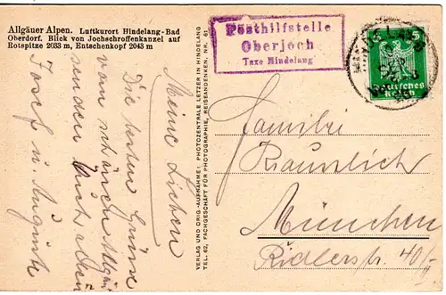 DR 1926, späte Bayern Posthilfstelle OBERJOCH Taxe Hindelang auf Karte m. 5 Pf. 