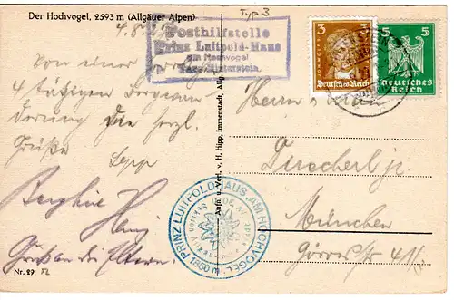 DR 1927, späte Bayern Posthilfstelle Prinz Luitpold Haus auf Karte m. 5 Pf.