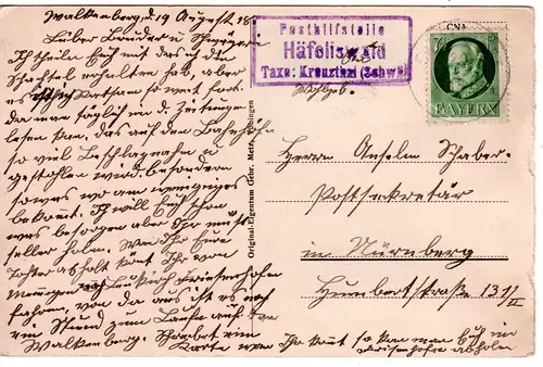Bayern 1918, Posthilfstelle HÄFELISWALD Taxe Kreuzthal auf AK m. 5 Pf. 