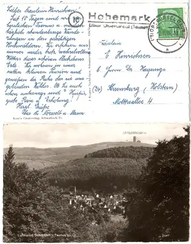 Landpost Stpl. 16 HOHEMARK über Oberursel auf sw-AK Schmitten i. Taunus