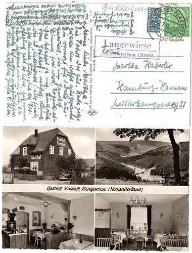 BRD 1955, Landpost Stpl. Langewiese über Winterberg auf AK m. Gasthof Knauff