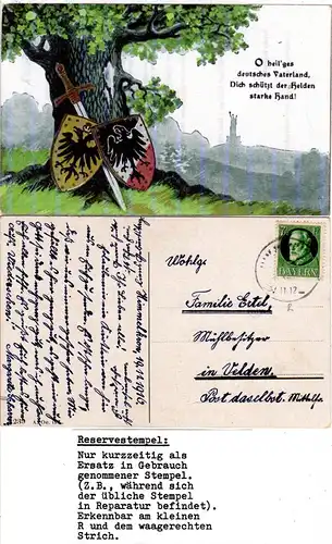 Bayern 1916, Reservestempel HIMMELKRON R auf Farb-AK m. 5 Pf. (Helbig 100).