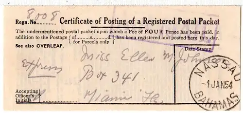 Bahamas 1954, Postschein f. ein eingeschriebenes Luftpost Paket v. Nassau