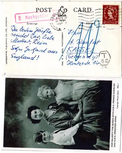 GB 1957, 2d on Royal Family postcard from London with german postage due