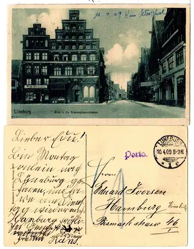 DR 1901, blauer Frakturschrift-L1 Porto auf AK v. Lüneburg n. Hamburg