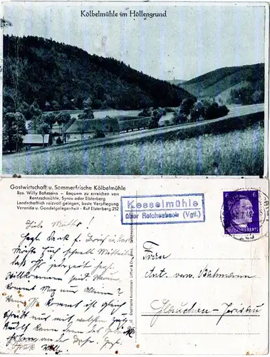 DR 1942, Landpost Stpl. KESSELMÜHLE über Reichenbach auf AK Kölbelmühle m. 6 Pf 