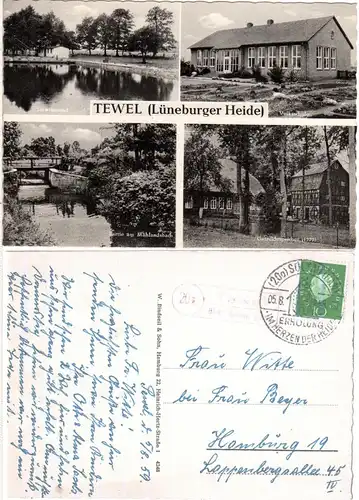 Landpost Stpl. 20a TEWEL über Soltau auf sw-Mehrbild-AK m. u.a. Schule.