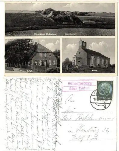 Landpost Stpl. SIMONSBERG über Husum auf sw-AK m. Schule