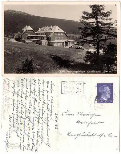 Blauer R3-Stpl. ADOLFBAUDE SPINDELMÜHLE auf entspr. sw-AK m. Omnibus