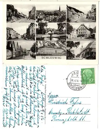 BRD 1956, JAGEL über Schleswig auf Mehrbild sw-AK m. 10 Pf.