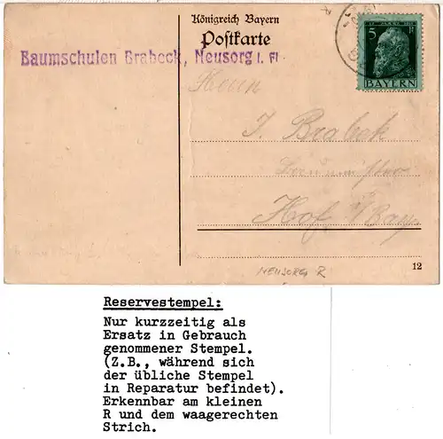 Bayern 1913, Reservestempel NEUSORG R auf Karte m. 5 Pf.