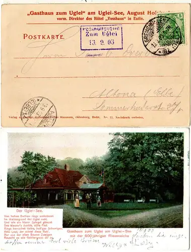 DR 1903, Posthülfstelle Zum Uglei auf Gasthaus Farb-AK m. 5 Pf. Germania