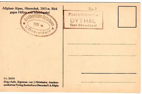 Bayern, Posthilfstelle OYTHAL Taxe Oberstdorf (Typ 3) blanco auf Himmeleck-AK 