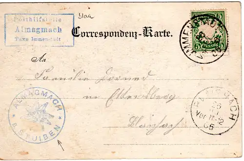 Bayern 1905, Posthilfstelle ALMAGMACH Taxe Immenstadt in blau auf Karte m. 5 Pf.