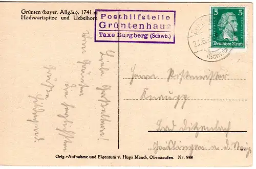 DR 1927, späte Bayern Posthilfstelle GRÜNTENHAUS Taxe Burgberg auf AK m. 5 Pf