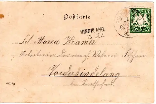 Bayern 1898, L2-Aushilfstempel HINDELANG als Ank.Stpl. auf Karte m. 5 Pf. 