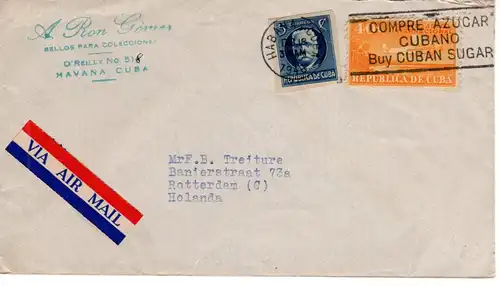 Cuba 1948, Compre Azucar, Zucker-Werbestpl. auf Luftpostbrief v. Havanna i.d. NL