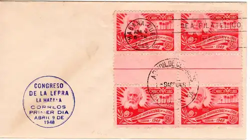 Cuba 1948, 4er-Block 2 C. Lepra Kongress m. Zwischensteg auf Ersttagsbrief 