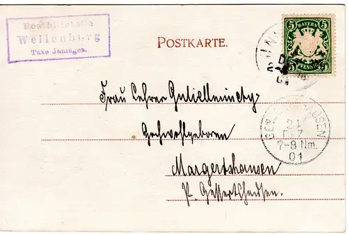 Bayern 1901, Posthilfstelle WELLENBURG Taxe Jnningen auf AK m. 5 Pf.