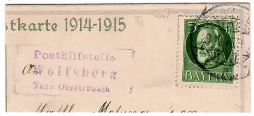 Bayern 1915, Posthilfstelle Wolfsberg Taxe Obertrubach Briefstück m. 5 Pf.