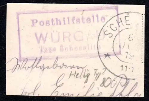Bayern 1919, Posthilfstelle WÜRGAU Taxe Schesslitz auf kl. Briefstück