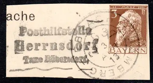 Bayern 1913, Posthilfstelle HERRNSDORF Taxe Röbersdorf auf Ganzsachenteil m. BP