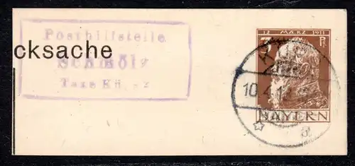 Bayern 1913, Posthilfstelle SCHMÖLZ Taxe Küps auf Ganzsachenausschnitt