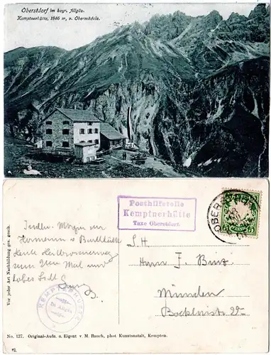 Bayern 1905, Posthilfstelle KEMPTNERHÜTTE Taxe Oberstdorf auf sw-AK m. 5 Pf.