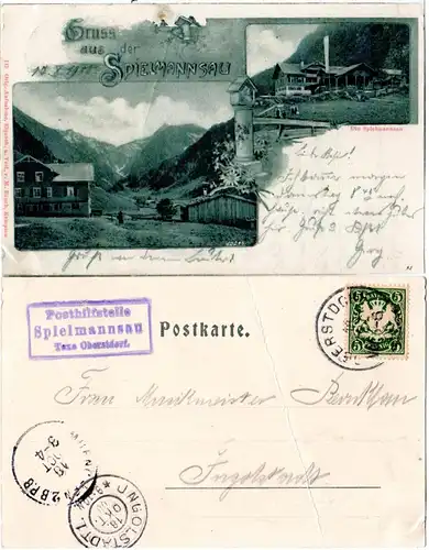 Bayern 1900, Posthilfstelle SPIELMANNSAU Taxe Oberstdorf auf sw-AK m. 5 Pf.