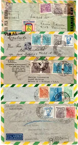 Brasilien 1945-49, 5 Luftpost Briefe, dabei Zensur u. 3x Reko!