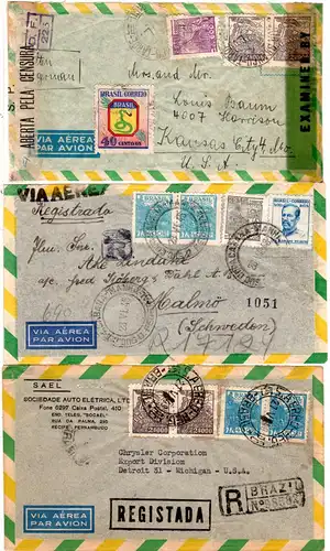 Brasilien 1945-49, 5 Luftpost Briefe, dabei Zensur u. 3x Reko!