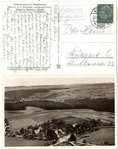 DR 1936, Landpost Stpl. HESELBRONN über Altensteig auf AK m. 6 Pf. 