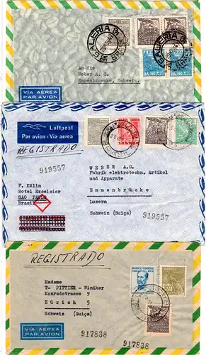 Brasilien 1947, 3 Luftpost Briefe in die Schweiz, dabei 1x Reko!