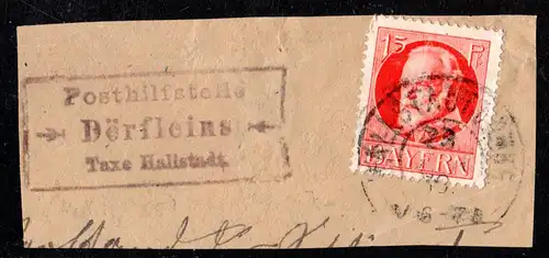 Bayern 1918, Posthilfstelle DÖRFLEINS Taxe Hallstadt auf Briefstück m. 15 Pf.