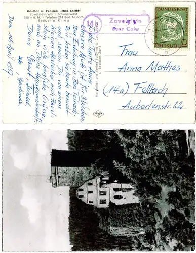 BRD 1957, Landpost Stpl. ZAVELSTEIN über Calw auf AK m. 10 Pf. 