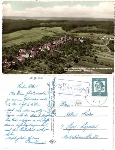 BRD 1963, Landpost Stpl. 7291 HERZOGSWEILER auf AK m. 15 Pf. 