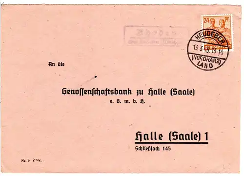 1948, Landpost Stpl. RHODEN über Heudeber auf Brief m. 24 Pf. 